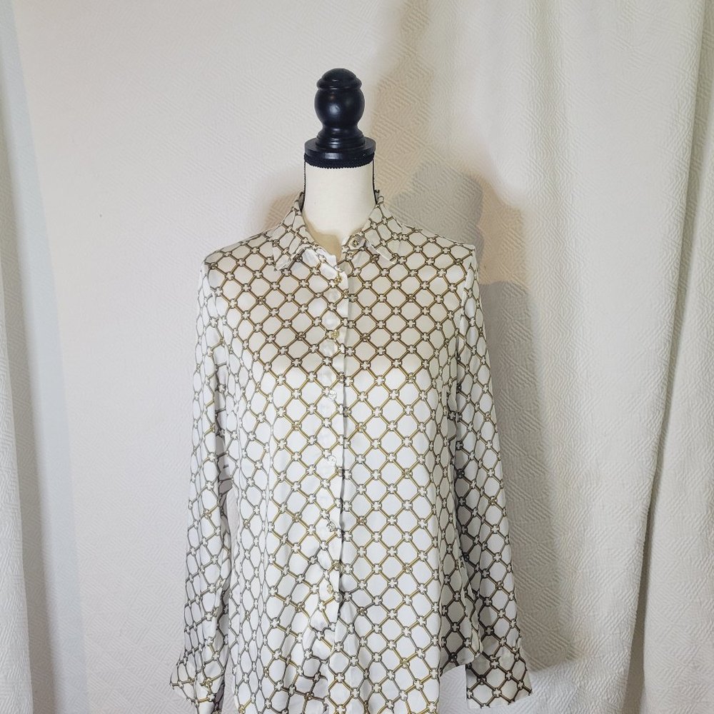 Michael Kors Women's/Medium/White and Gold/Chain Pattern/Button up/Blouse